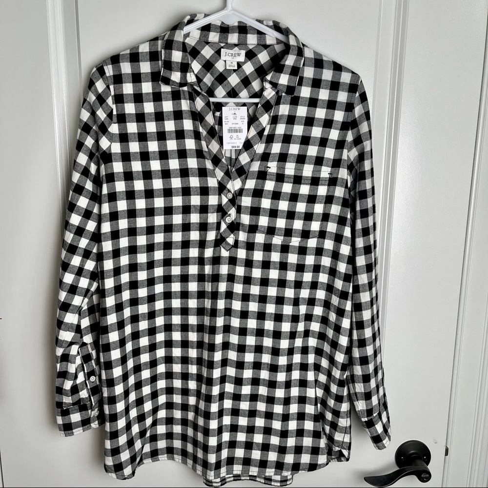 NWT J CREW Black & White Plaid Popover Top Blouse